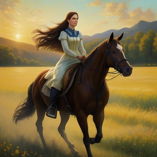 Impressionist Painting of Woman on Horse in Ethereal Sunligh...