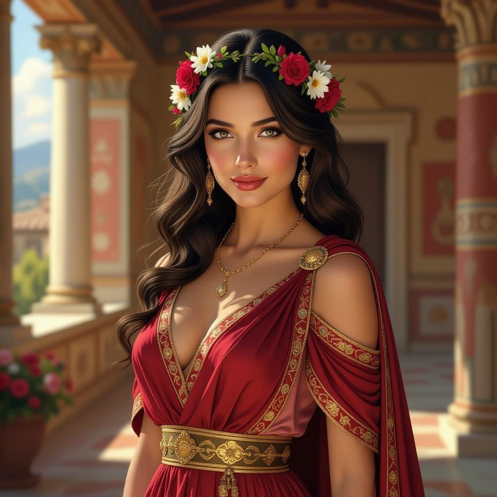 Ethereal Etruscan Goddess Munthukh Poses in Ancient Villa