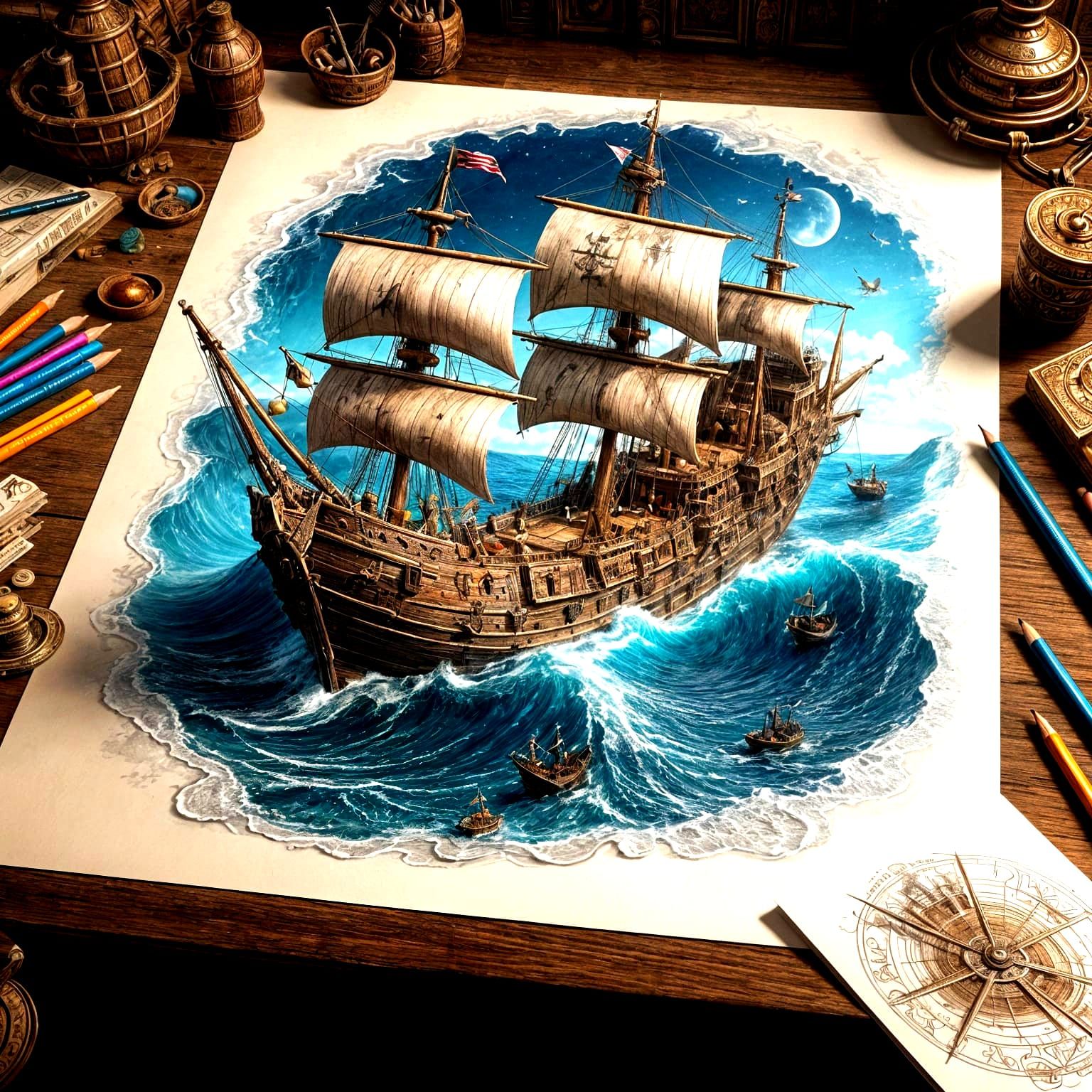 Pirate Ship Rises From Pencil Drawing in 3D