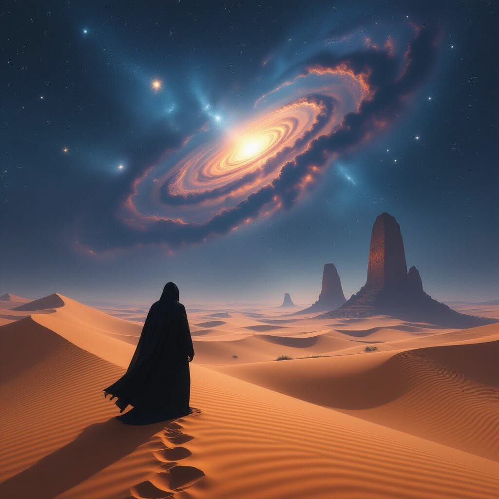 Starlit Figure in Vast Desert Under Nebulae Sky