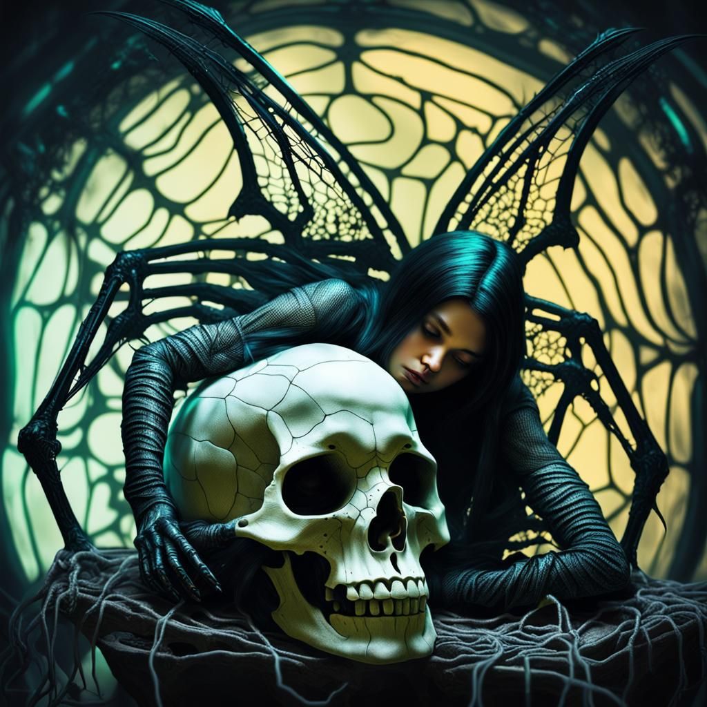 Dark Fairy on Skull in Giger Style