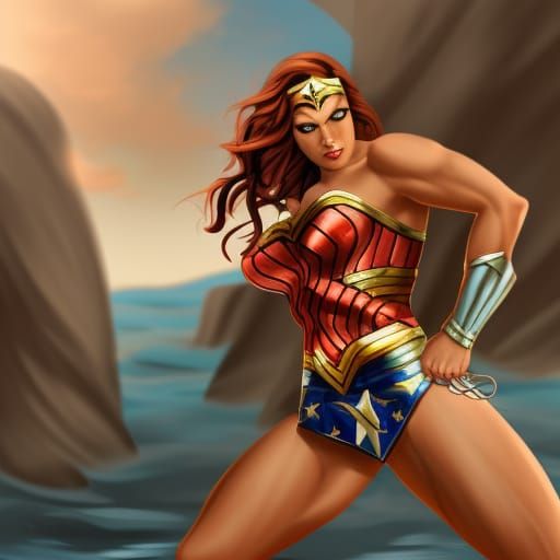 At a beach party showing off Wonder woman muscular abs muscu...