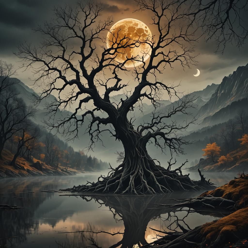 Dark Fantasy Autumn Landscape with Misty Lake