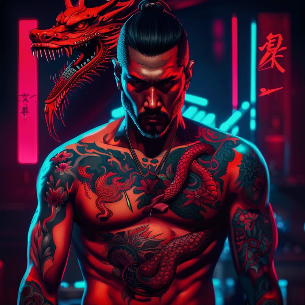 Cyberpunk Yakuza with Dragon Tattoo