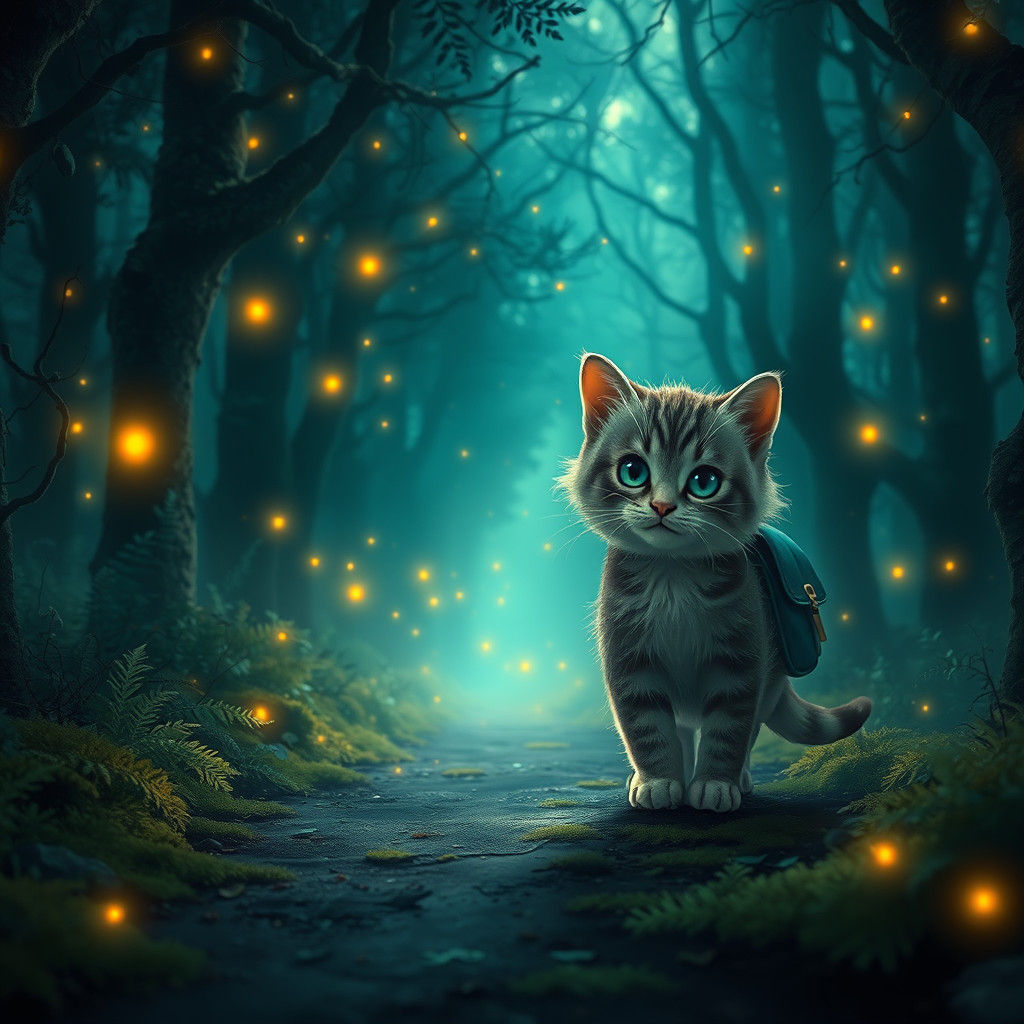 Enchanting Night Cat in Mystical Forest