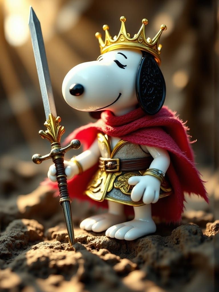 Snoopy as King Arthur pulling sword from stone, made from sh...