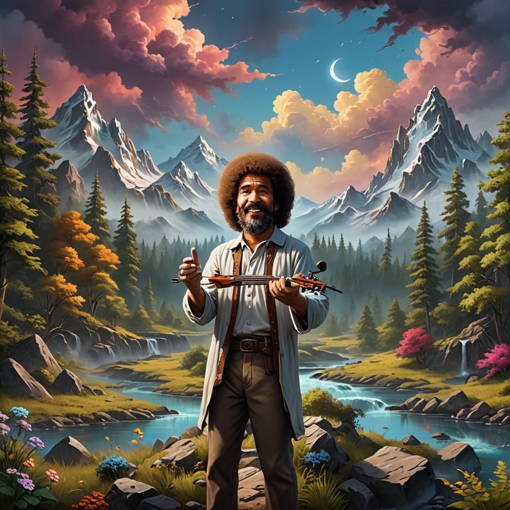 Jesus Plays Music in Bob Ross Style