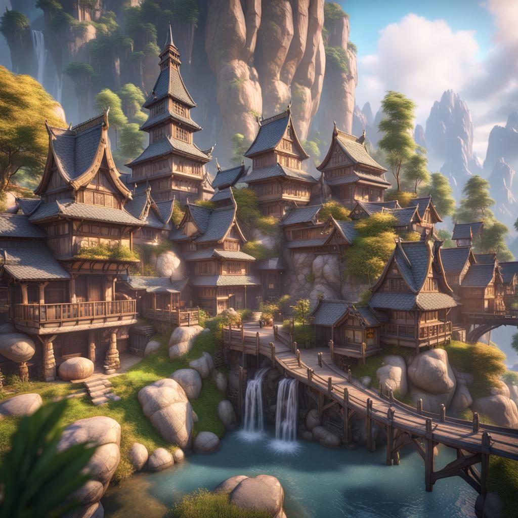 Picturesque Fantasy Village with Waterfalls in 3D
