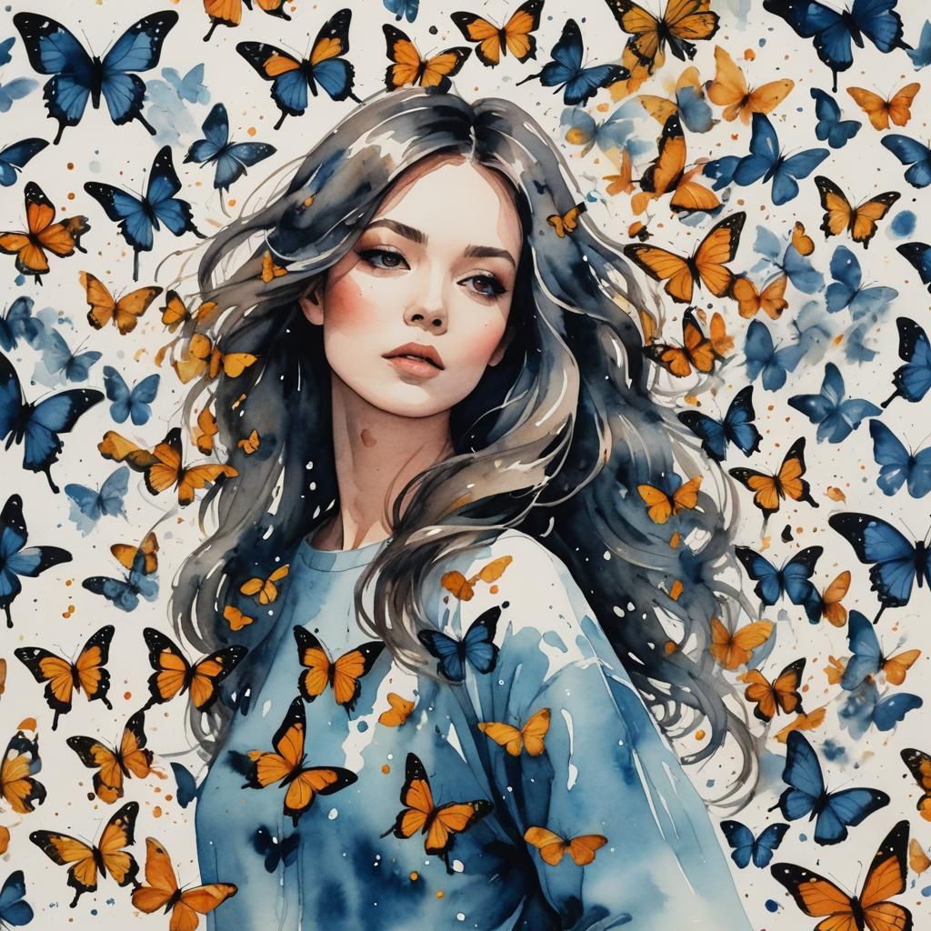 Woman's Hair Becomes Butterflies in Watercolor and Ink