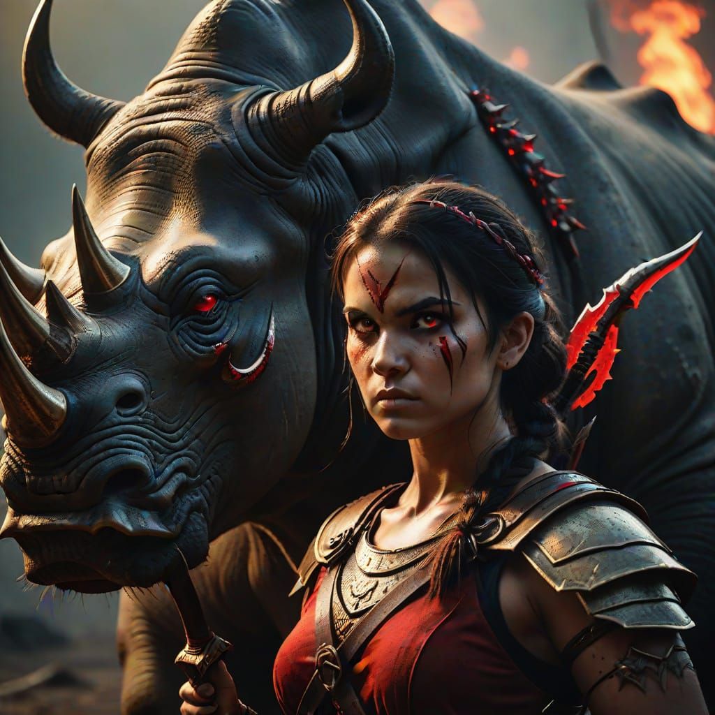 Demonic Rhino and Archer in Dark Fantasy Style