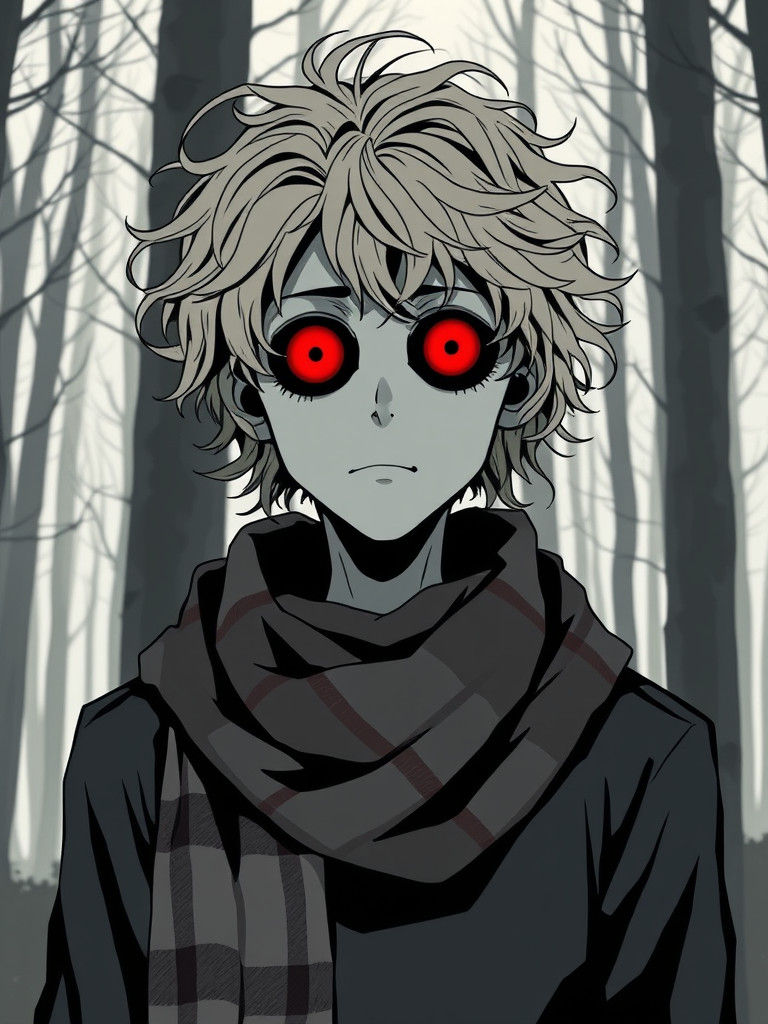 Eerie Forest Silhouette with Glowing Red Eyes