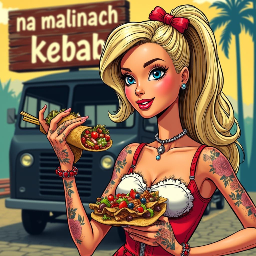Retro Comic Barbie Eats Kebab in 1960s Style