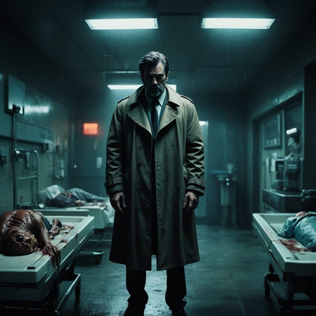 Film Noir Detective in Muted, Neon-Lit Morgue