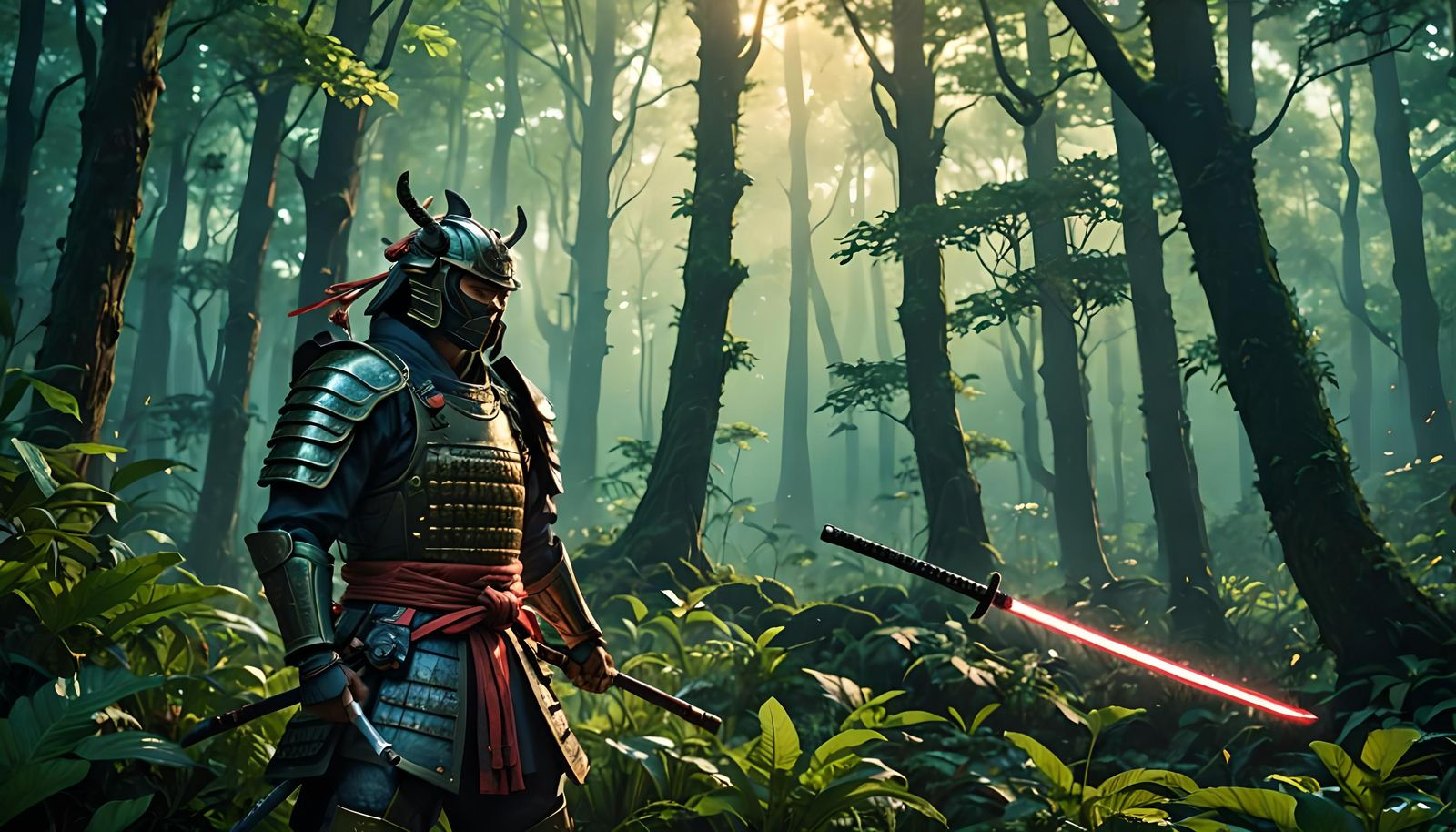 Fantasy Samurai in Lush Forest: Detailed Matte Painting
