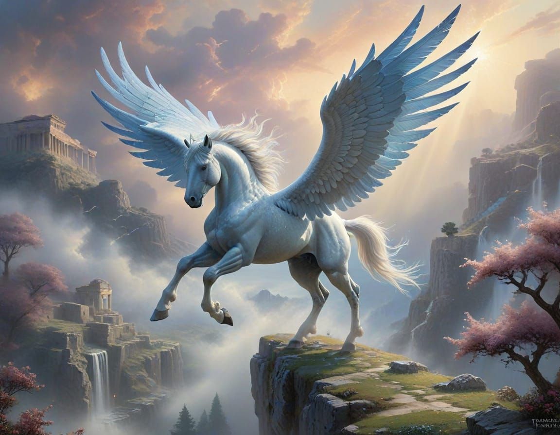 Mythical Pegasus Soars Over Ancient Greek Landscape
