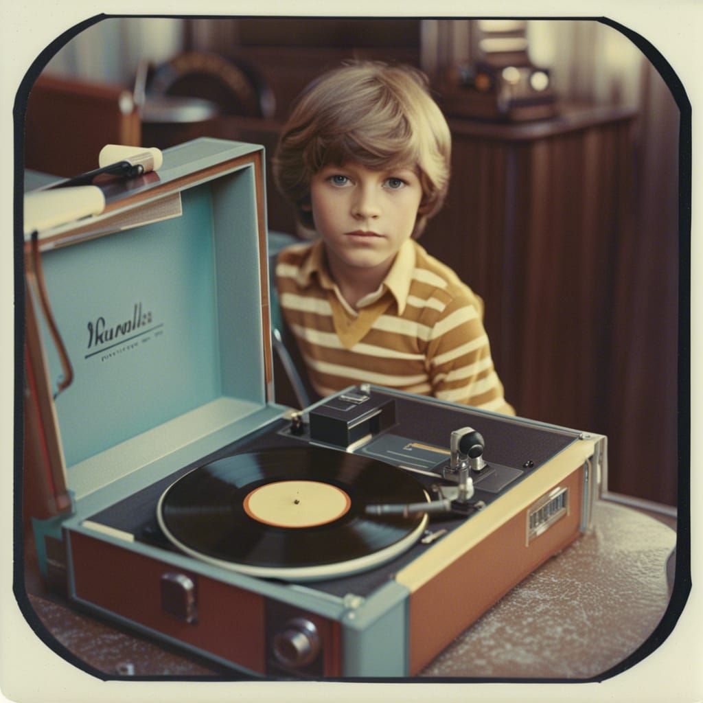 Boy with Record Player, Vintage Polaroid Style