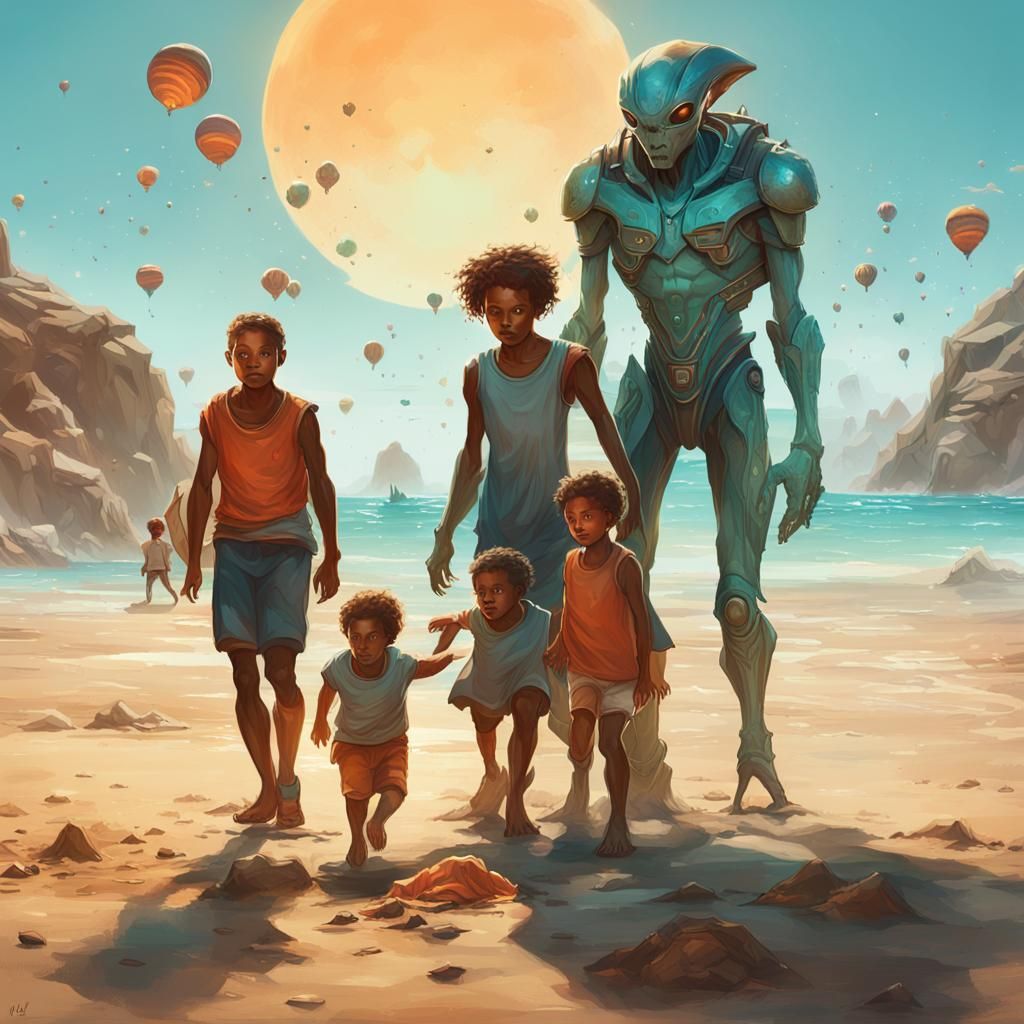 Alien Family on Sardinia Beach: Digital Art