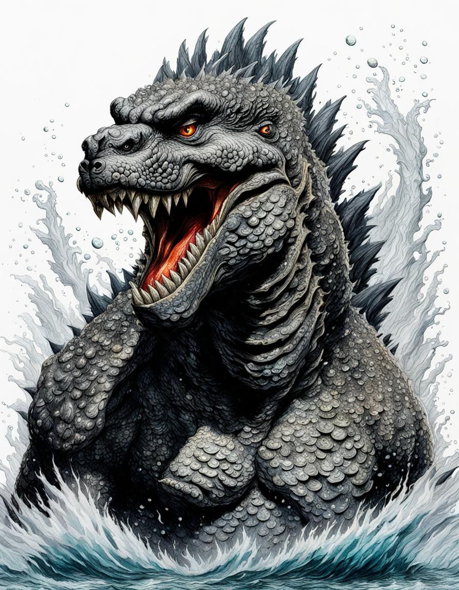 Smiling Godzilla Emerges from Water