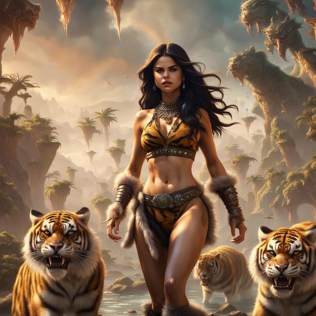 Selena Gomez as a Cavewoman with Sabretooth Tiger