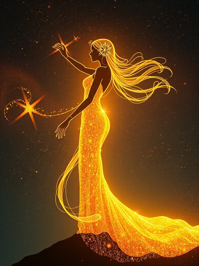 Starborn Oracle in Nebula Sky with Celestial Dress