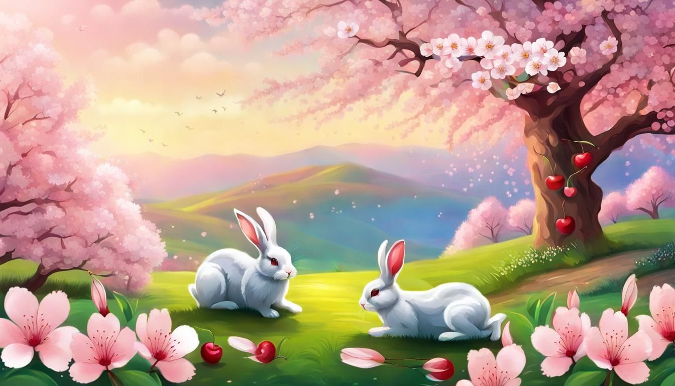Spring Landscape with Cherry Blossoms and Rabbits