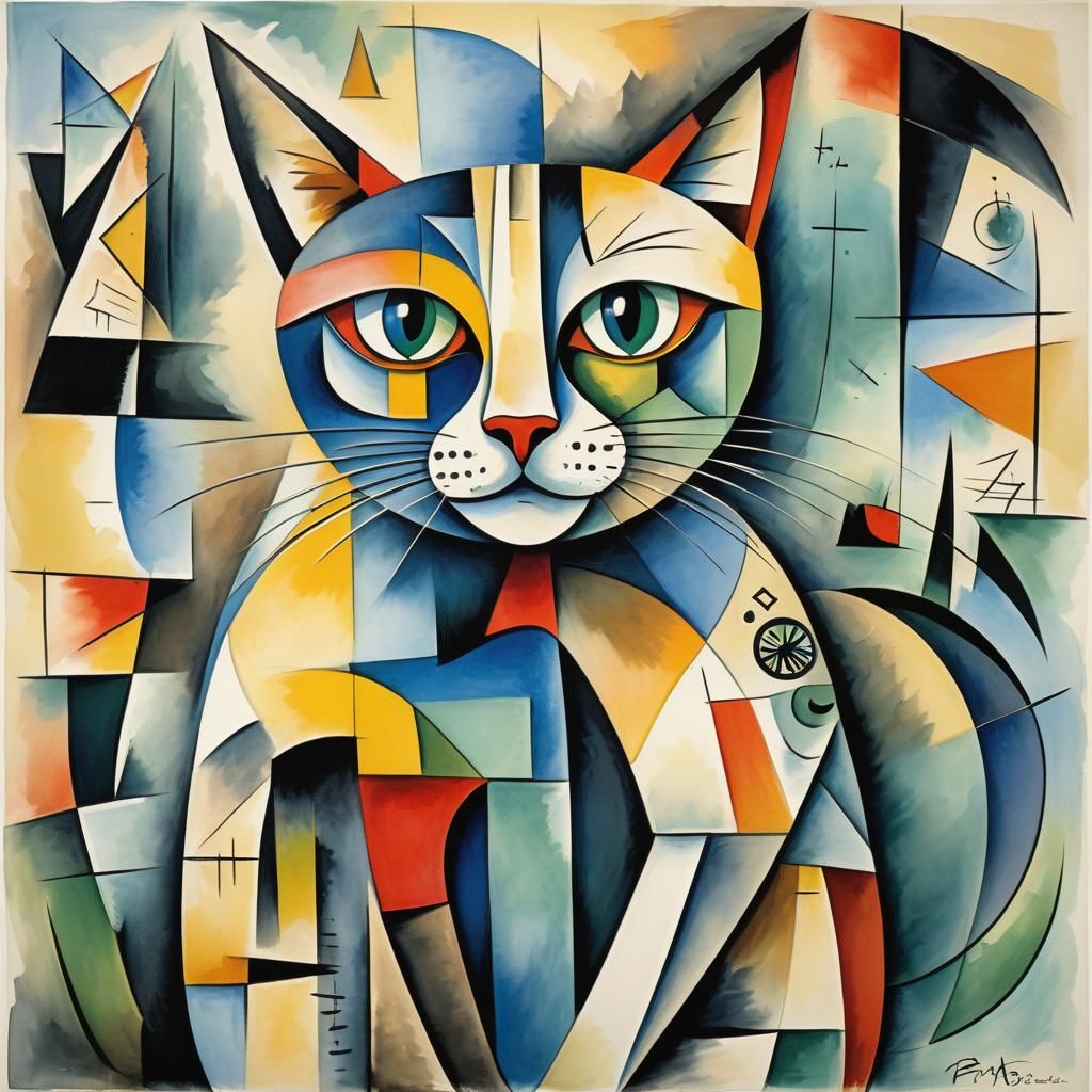 Cubist Cat Portrait in Watercolor and Ink