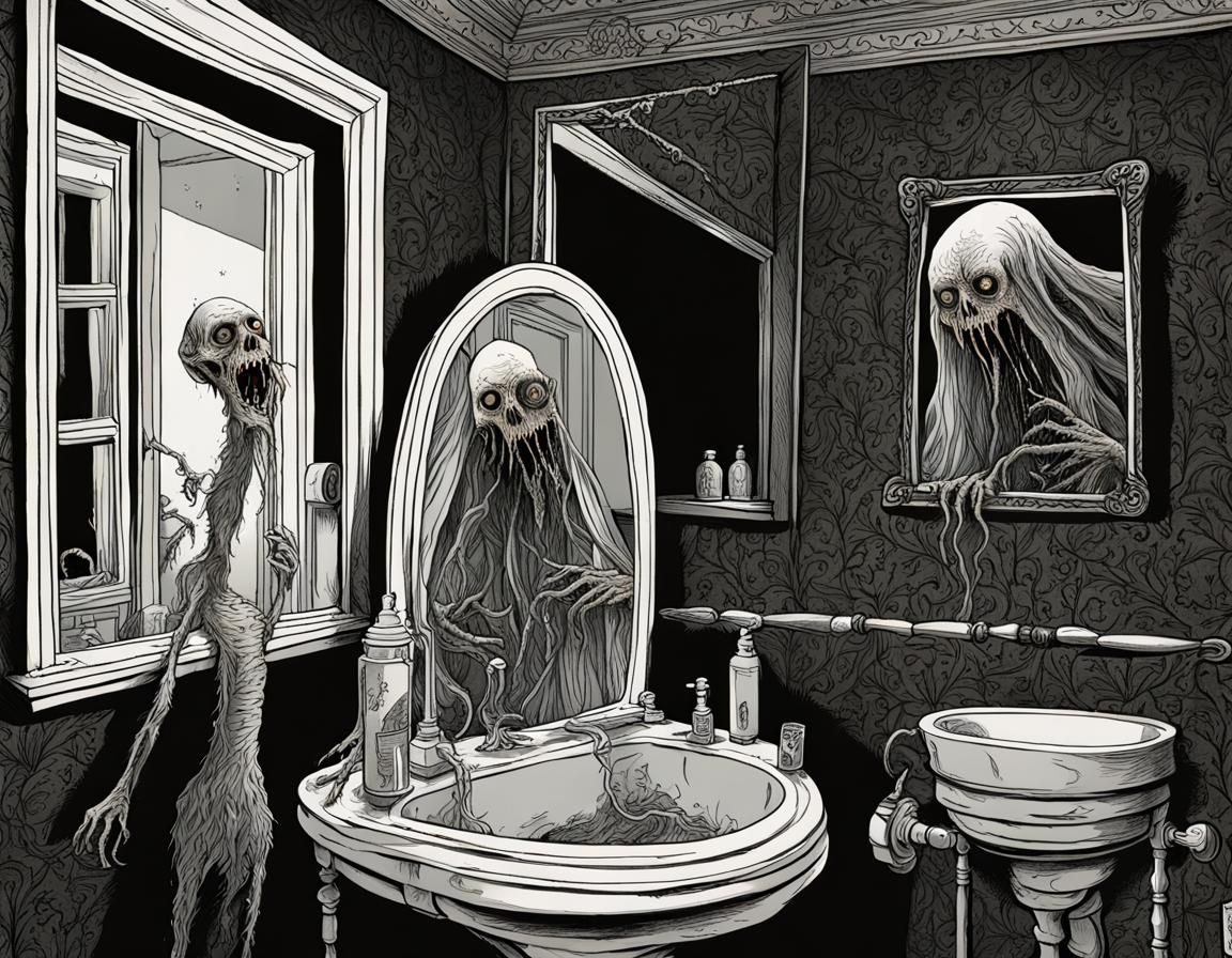 Bloody Mary Brushing Teeth: Edward Gorey Style Ink Drawing