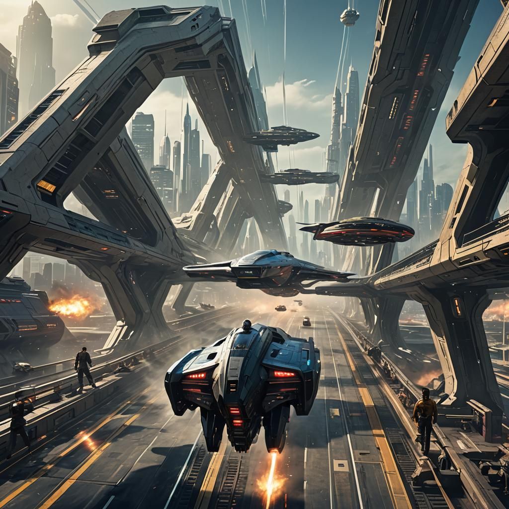 Cyberpunk Star Trek Bridge During Takeoff