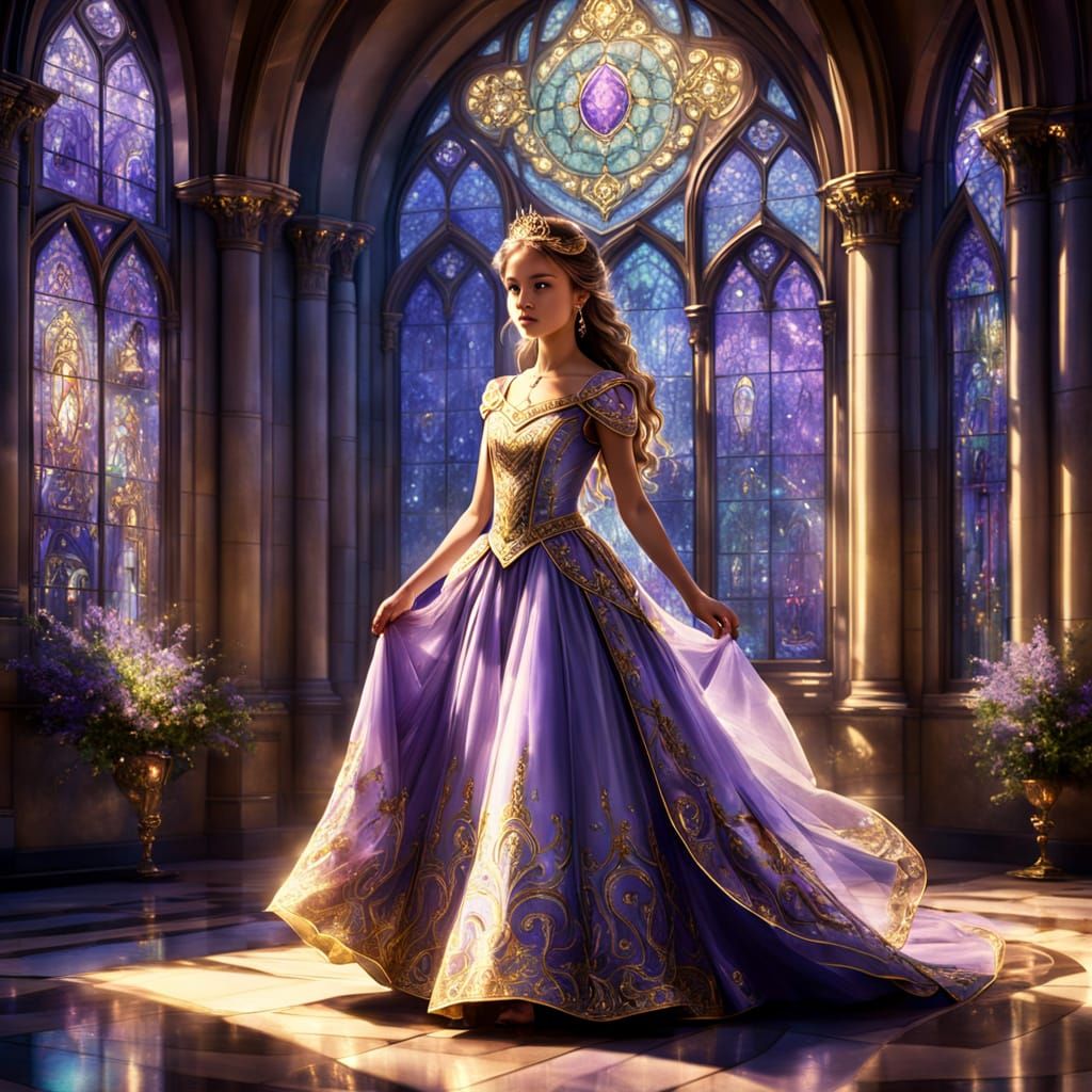 Enchanted Princess Enters Grand Ballroom in Ethereal Light