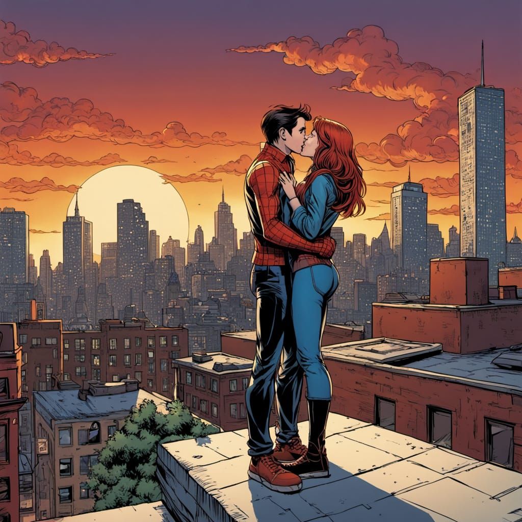 Mary Jane Watson Kisses Peter Parker in Vibrant Comic Art St...