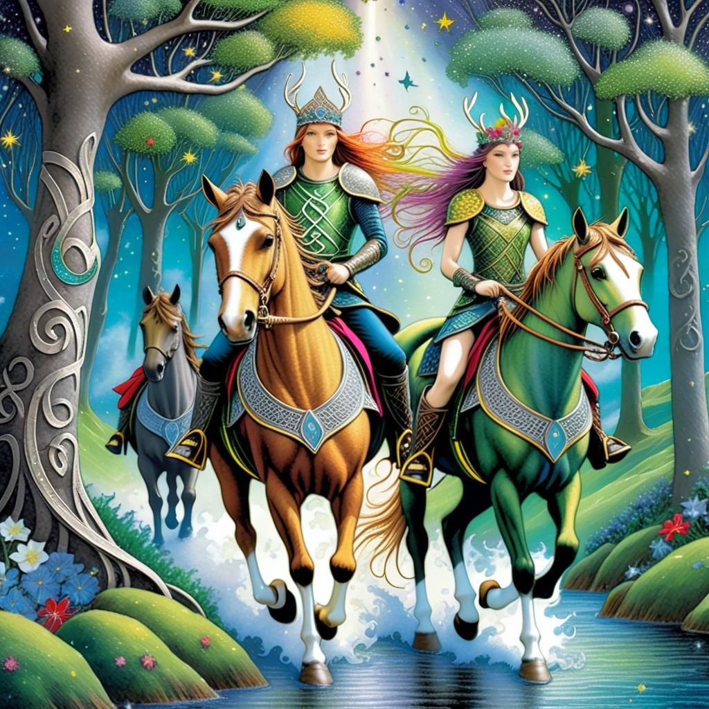Celtic Riders of the Sidhe in Magical Forest