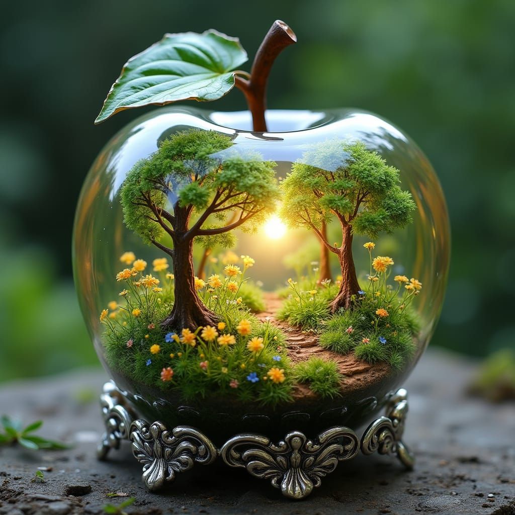 Glass Apple with Fairy Land, Dreamlike Illustration