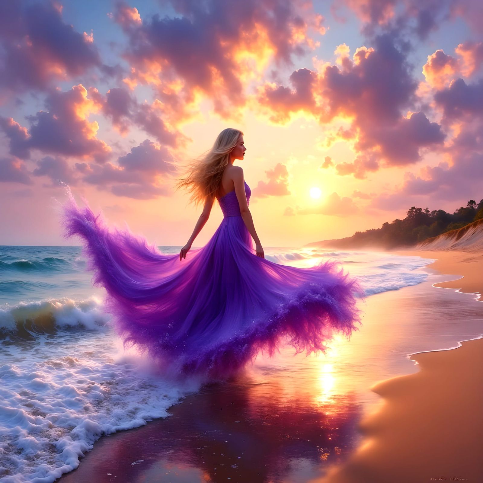 Young Blonde Woman Dances in Sunset Ocean Scene