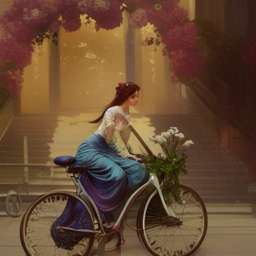Woman on Flower Bicycle: Hyperdetailed Concept Art