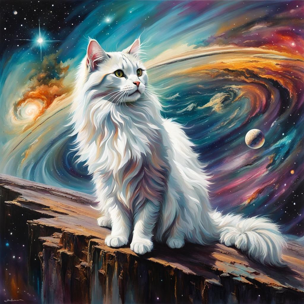 Majestic Cat on Saturn in Space: Watercolor Painting