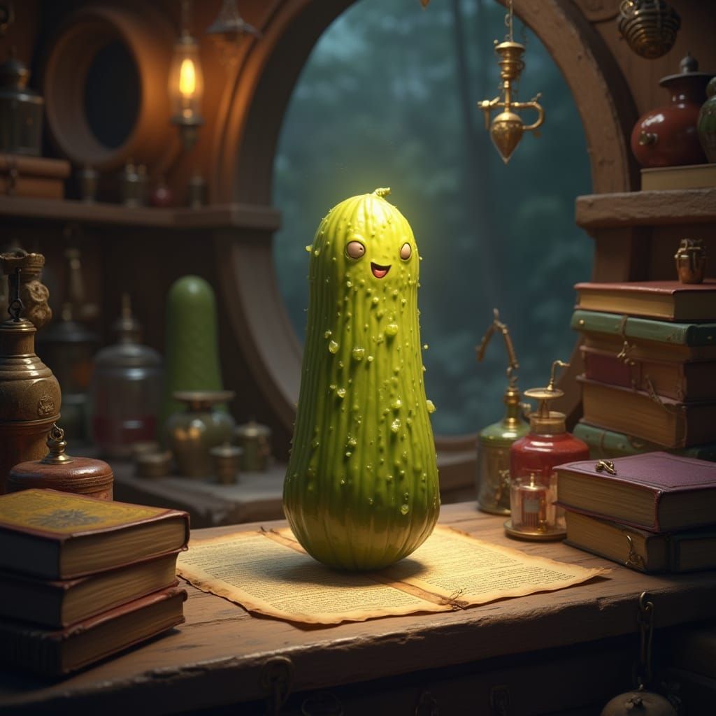 Mystical Apothecary Scene with Glowing Pickle