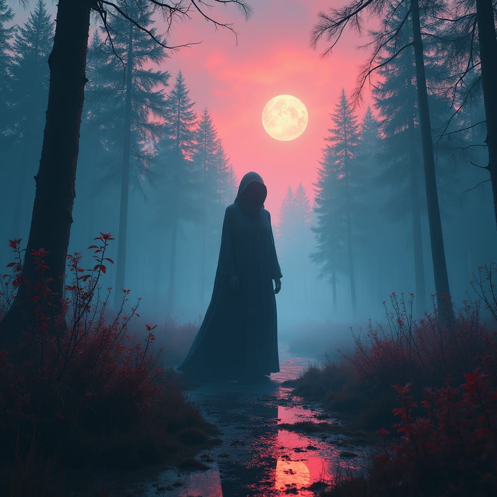 Mystical Figure in Eerie Landscape, Hyperrealism