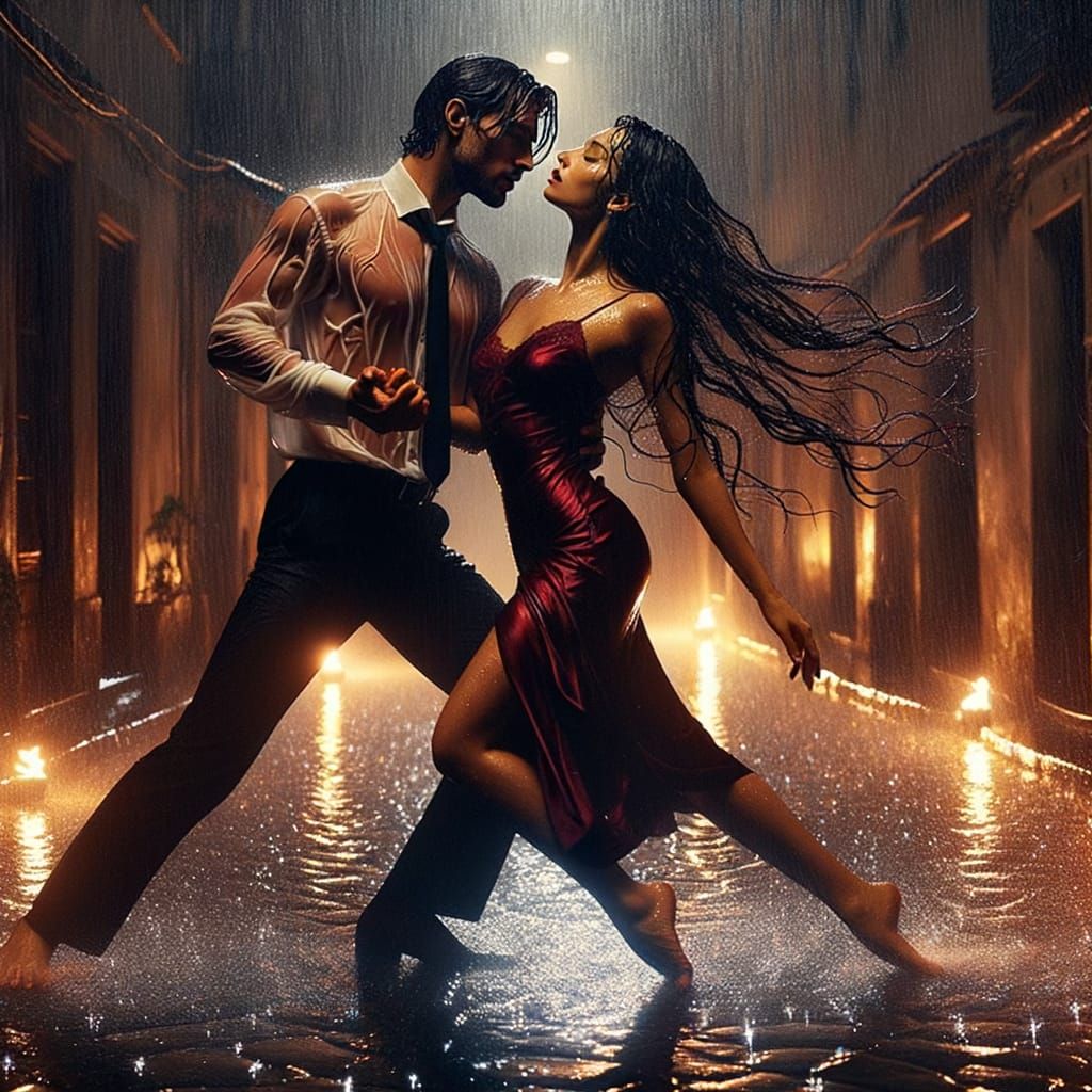 Passionate Couple Dancing in City Rain