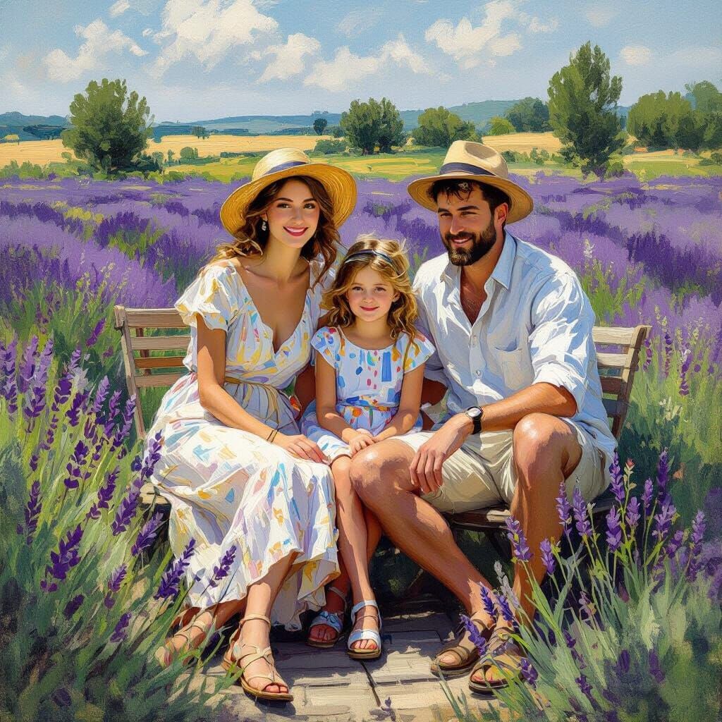 Family in Lavender Field: Impressionist Summer Scene