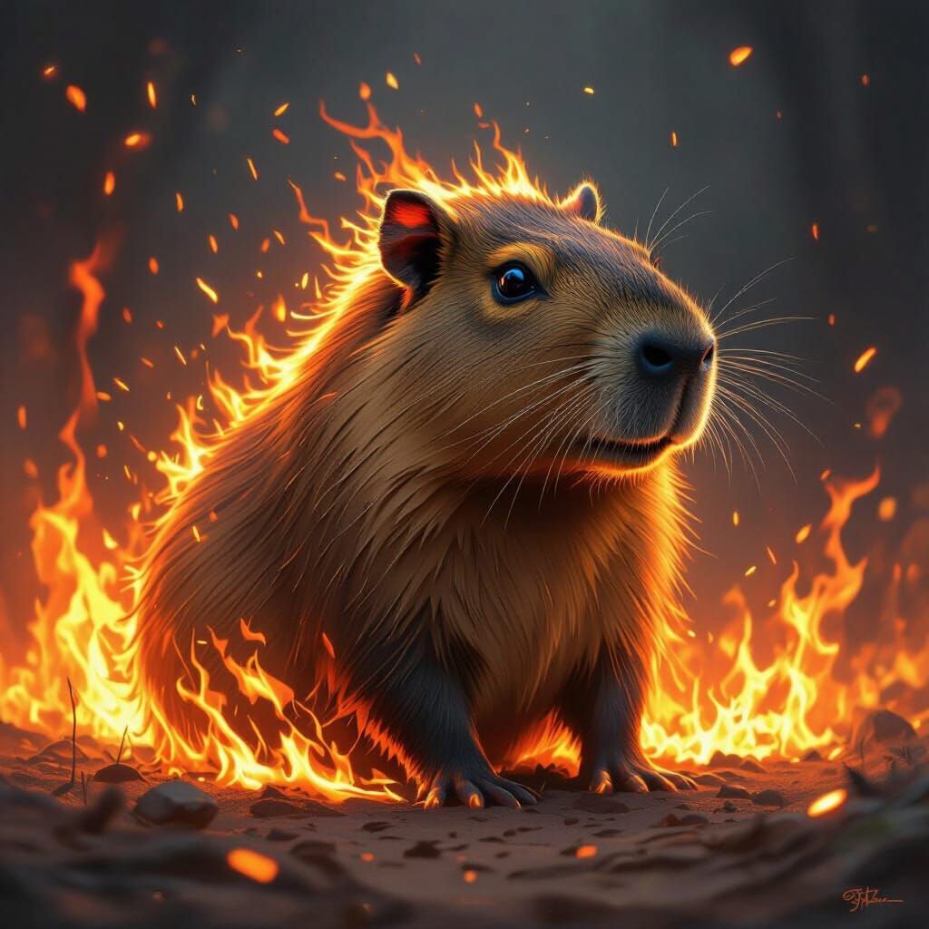 Fiery Capybara Illuminated by Sparks