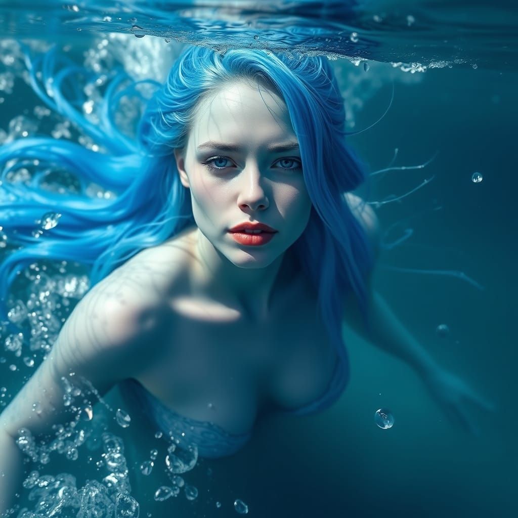 Blue-Skinned Mermaid Sorceress in Sunlit Ocean Depths