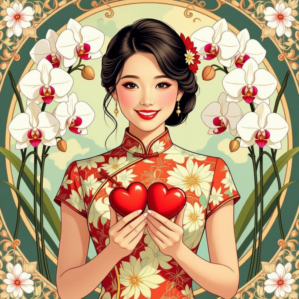 Elegant Chinese Lady with Orchids and Hearts