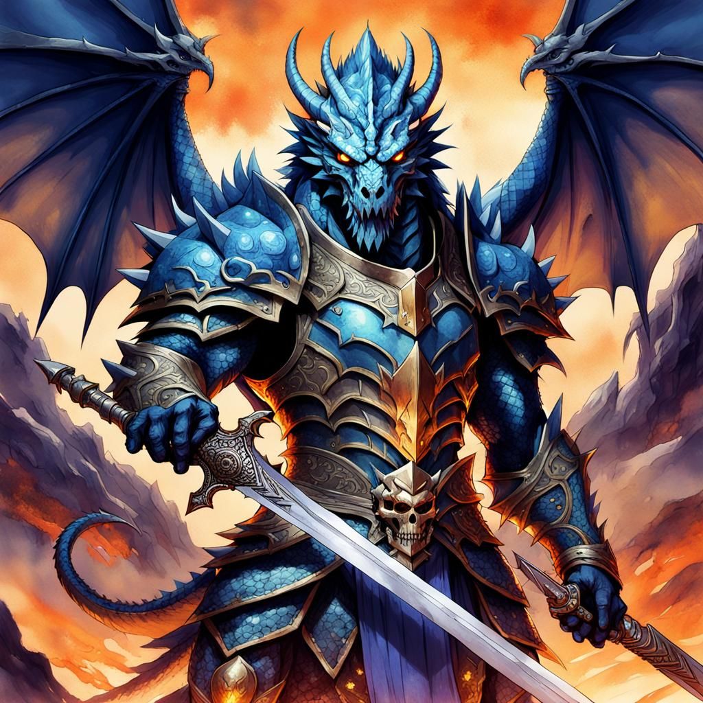 Blue Dragon Warrior in Anime Art Nouveau Style