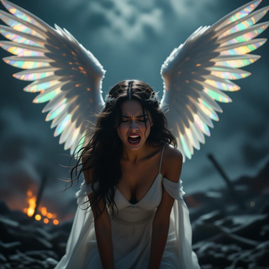 Celestial Angel Screams Over Smoldering Battlefield
