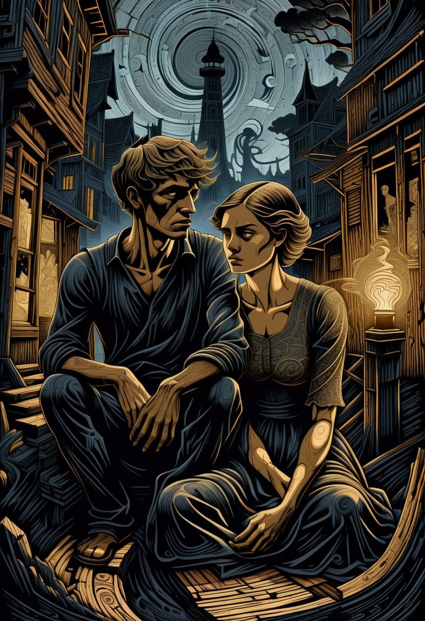 Brooding Couple in Decaying Town as Woodcut Print