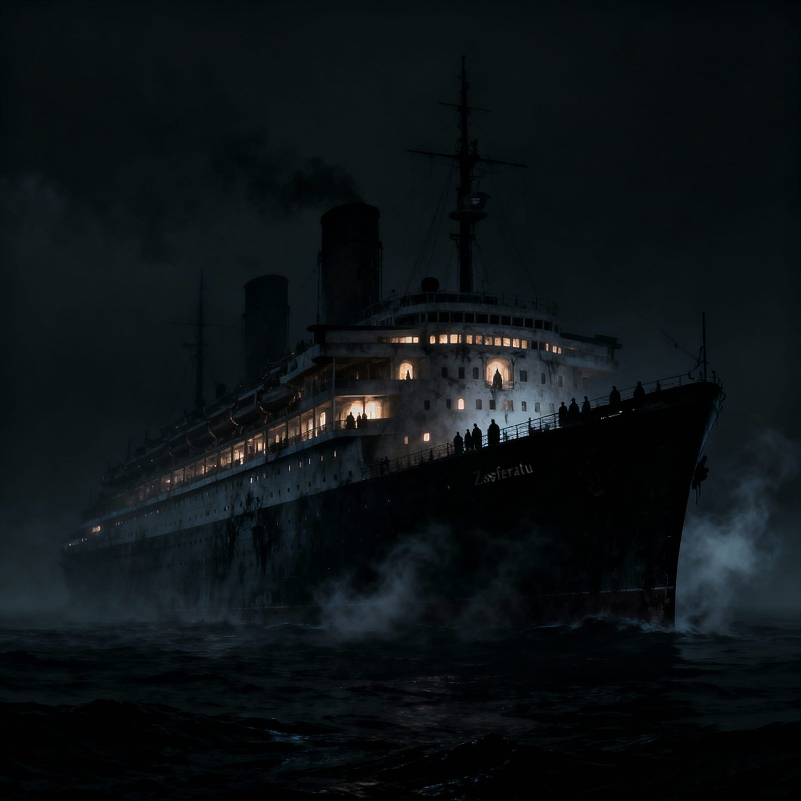 A spooky luxury ocean liner. Night is pitch black.