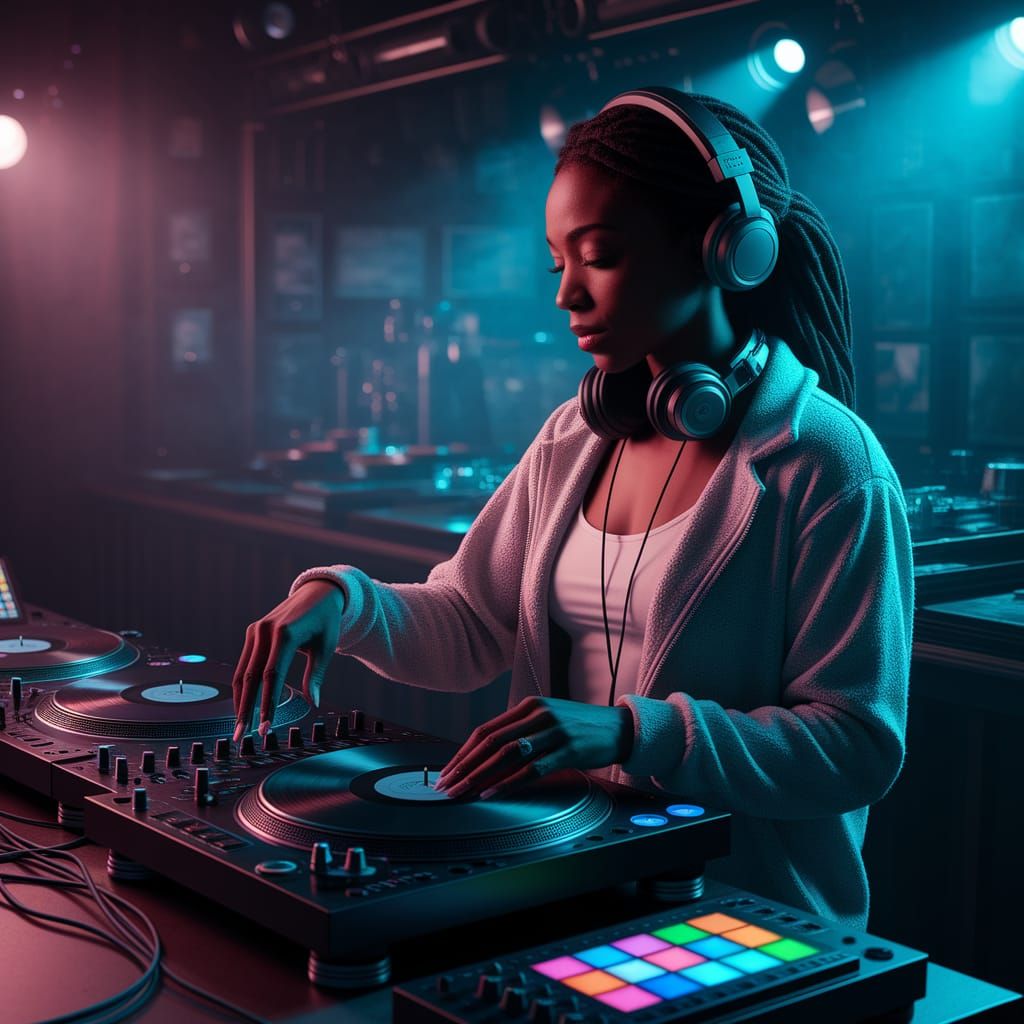 Black Female DJ Spins Vinyl in Smoky Nightclub