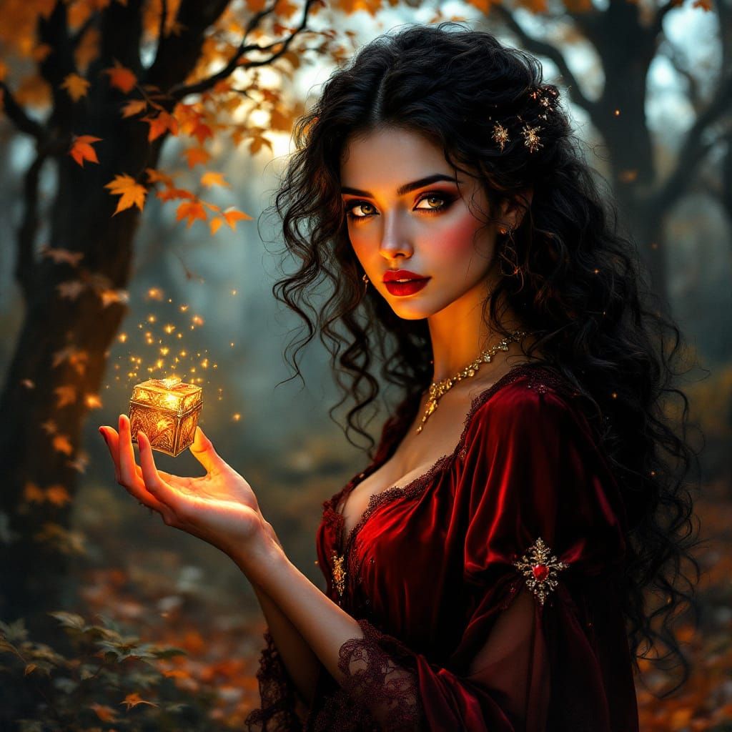 Mystical Maiden in Autumn Forest at Halloween