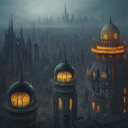 Futuristic Dome City in Surrealist Painting Style