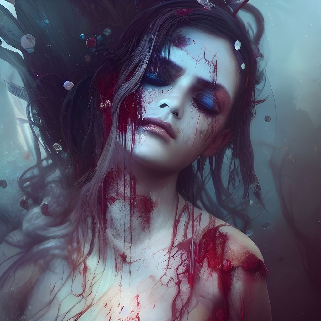 Depressed Goddess Crying Blood: Hyperdetailed Fantasy Art
